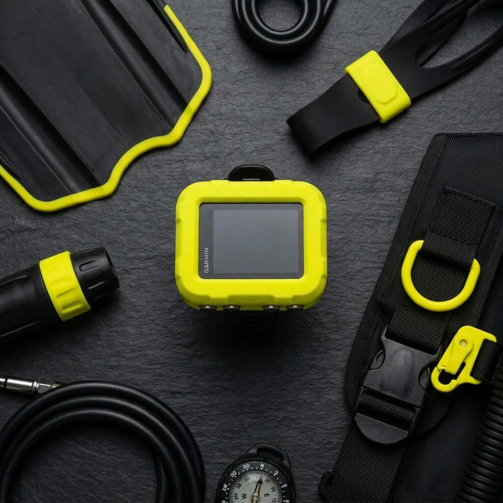 Hülle für Garmin Descent X30 auf einem Tauchzubehör-Arrangement mit gelben Akzenten.