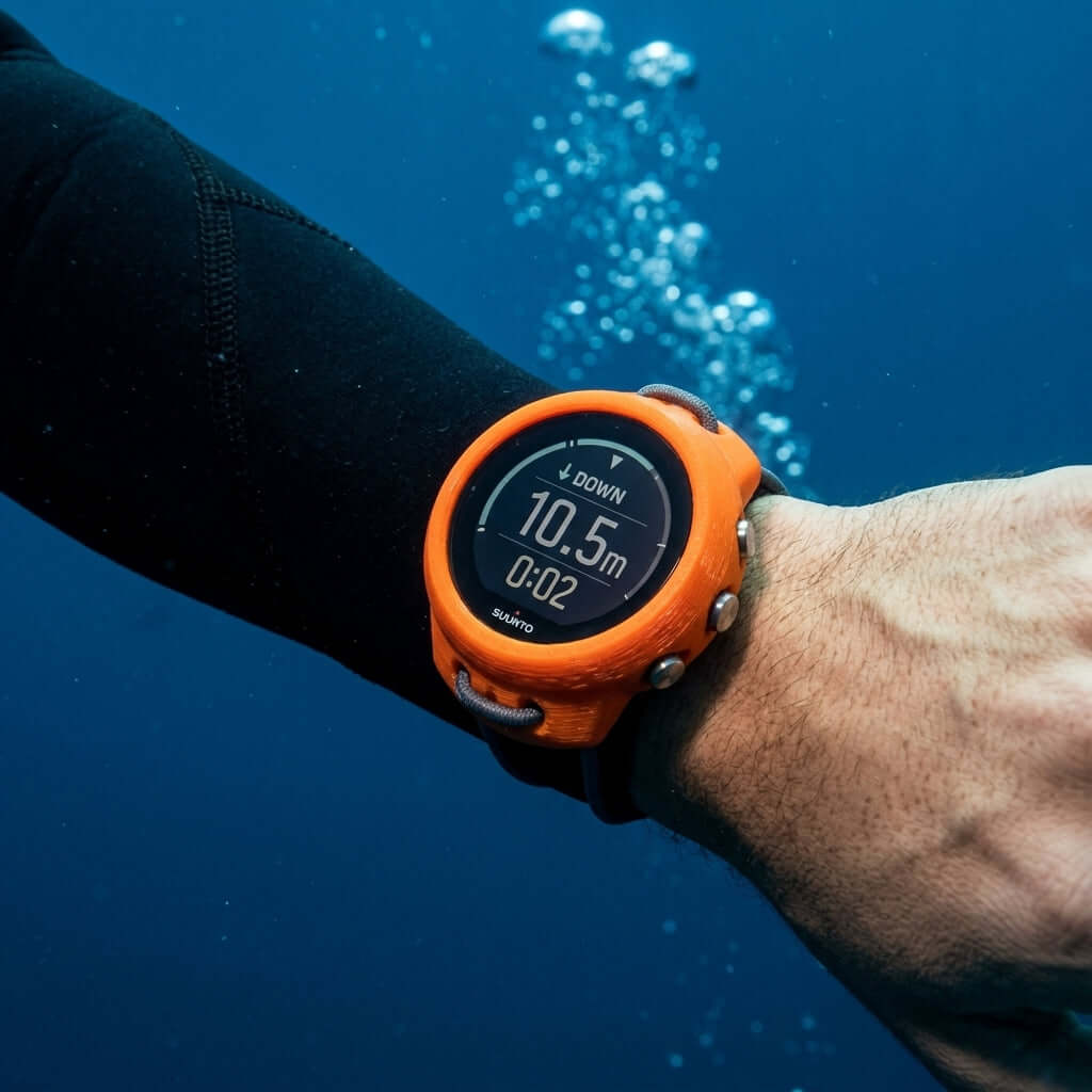 Hülle für Suunto D5 - Bungee Version 2 auf dem Handgelenk eines Tauchers unter Wasser, wasserdicht.