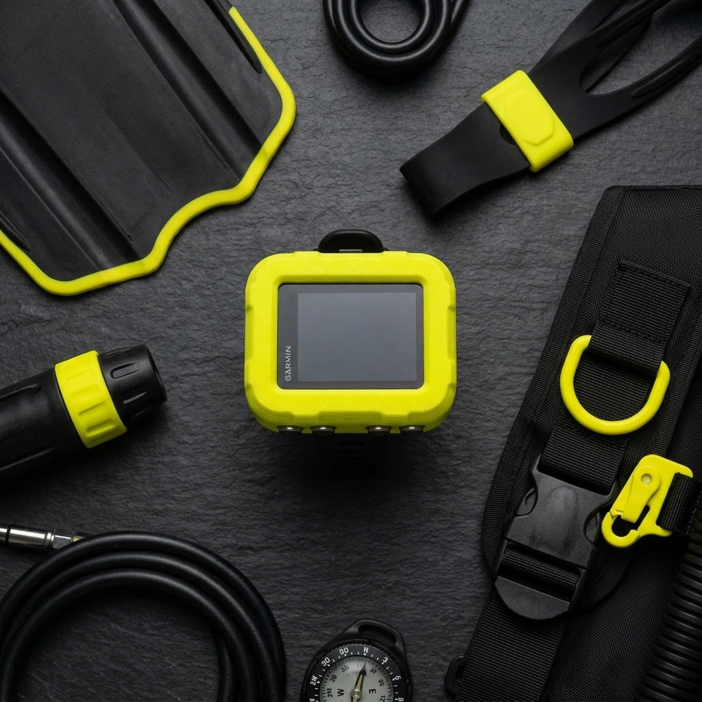 Hülle für Garmin Descent X30 auf einem Tauchzubehör-Arrangement mit gelben Akzenten.