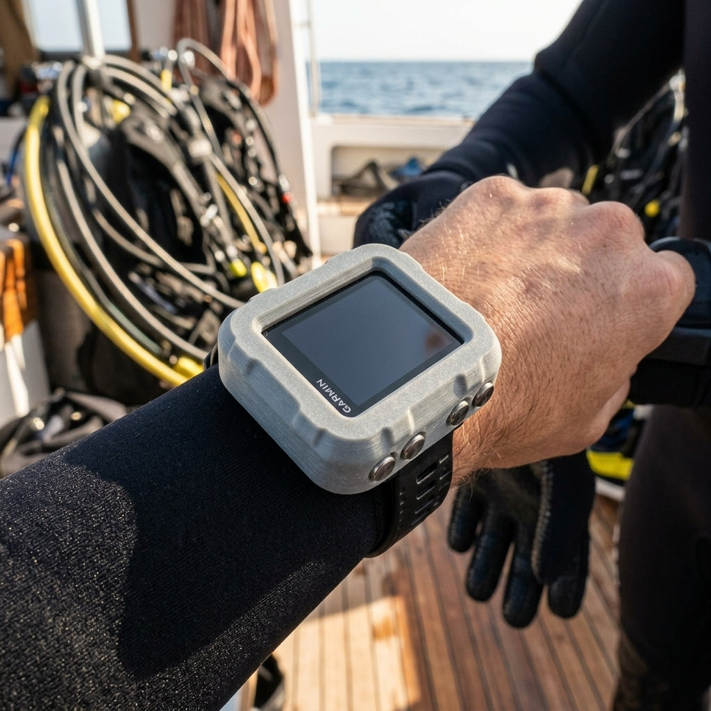 Hülle für Garmin Descent X30 auf dem Handgelenk eines Tauchers bei einer Tauchaktivität.